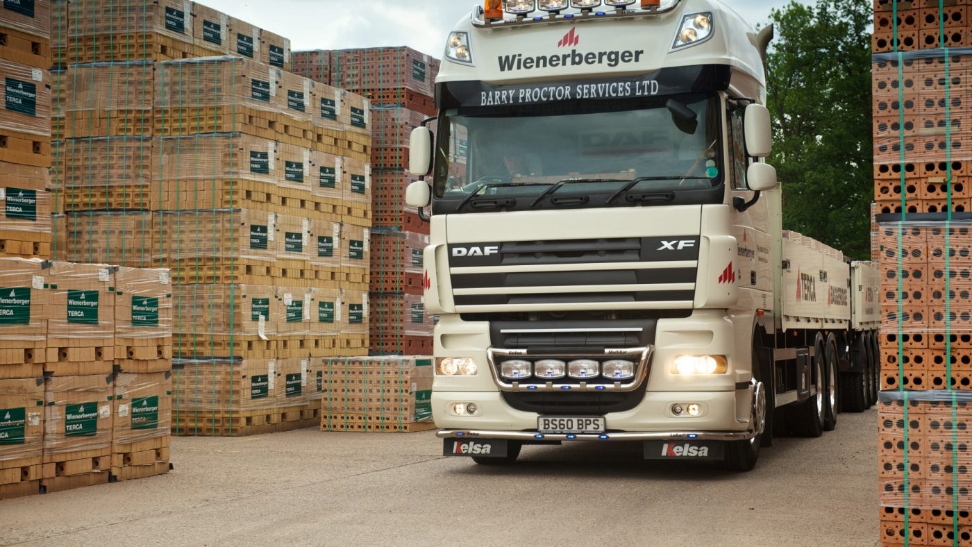 Wienerberger lorry in yard transporting bricks.