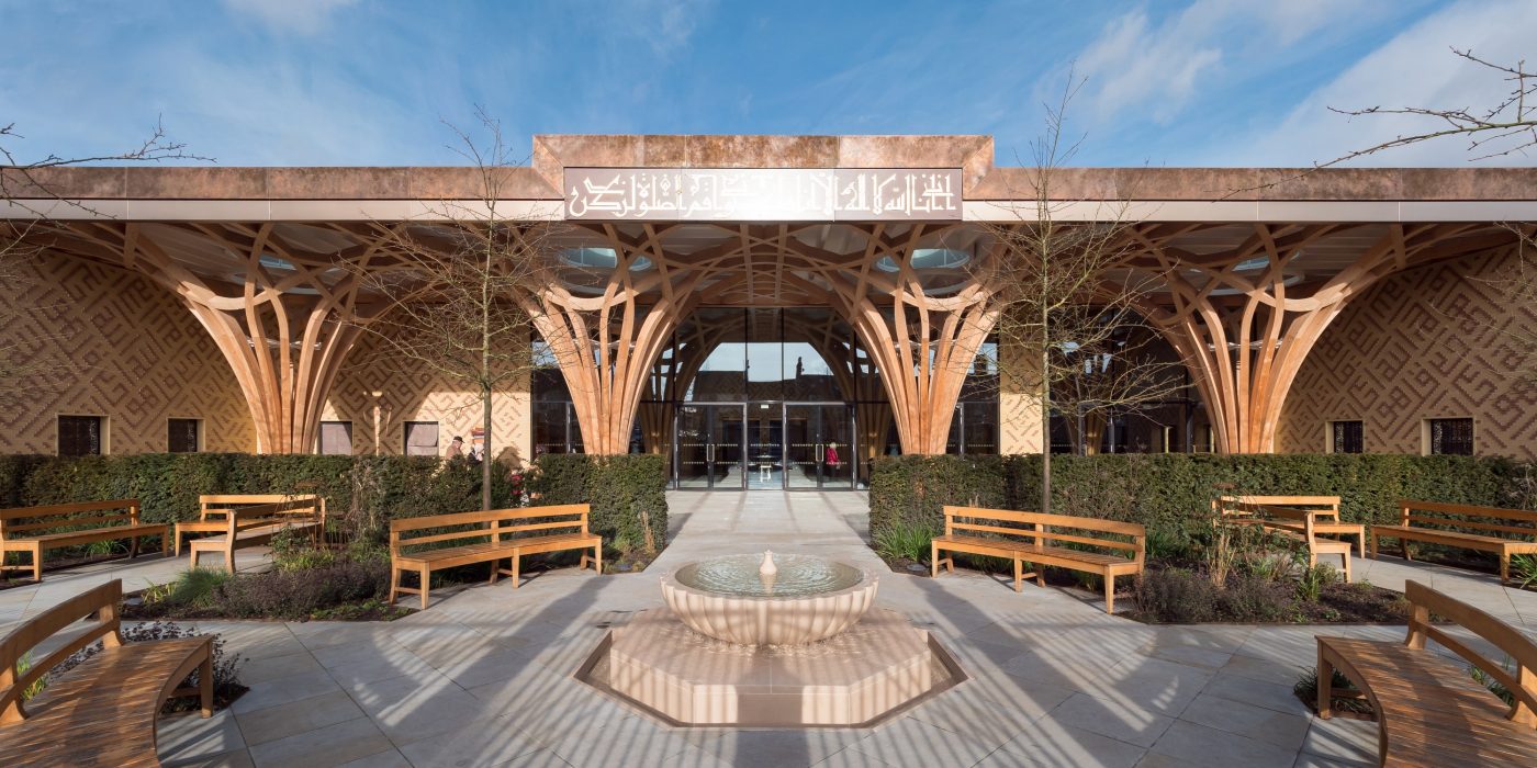 External view of modern mosque and gardens