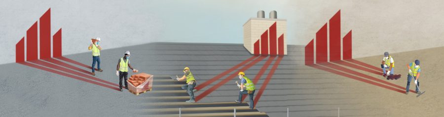 Wienerberger UK Flame - tradespeople transporting bricks, laying paving and fixing roof tiles