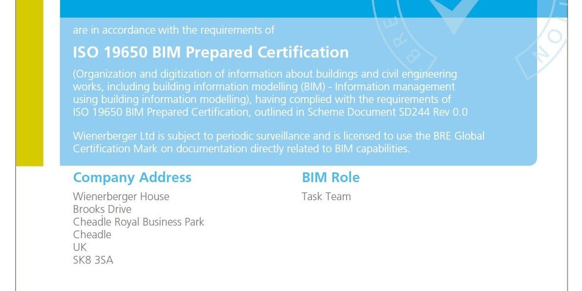 BRE ISO 19650 BIM Prepared Certificate for Wienerberger Ltd.