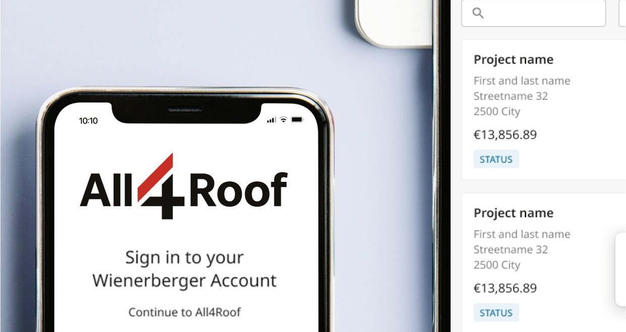 Two screens of a mobile displaying different pages of the All4Roof tool