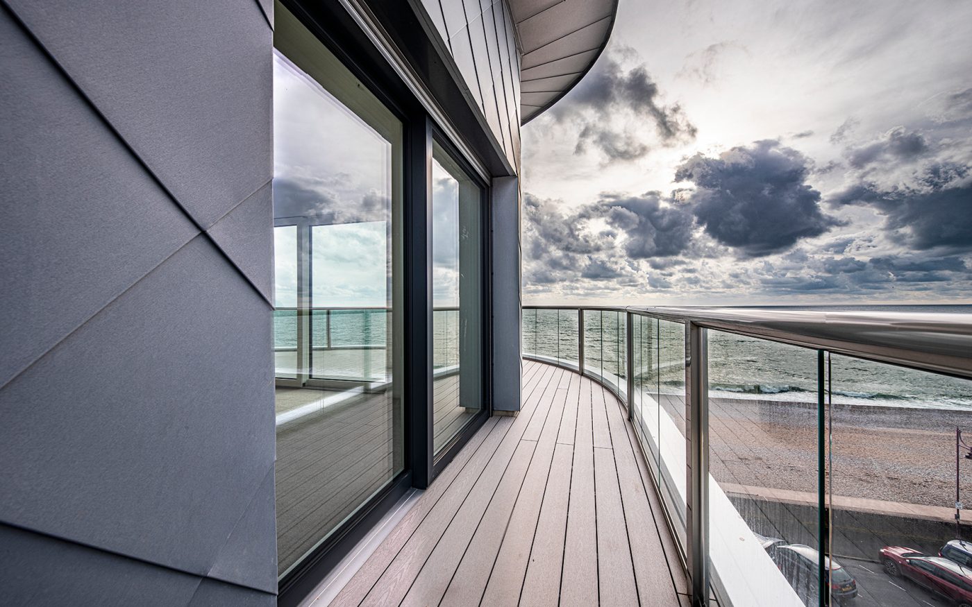 Modern apartment balcony overlooking the sea