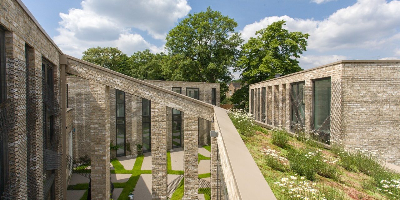 Exterior of modern sustainable building with grass roof