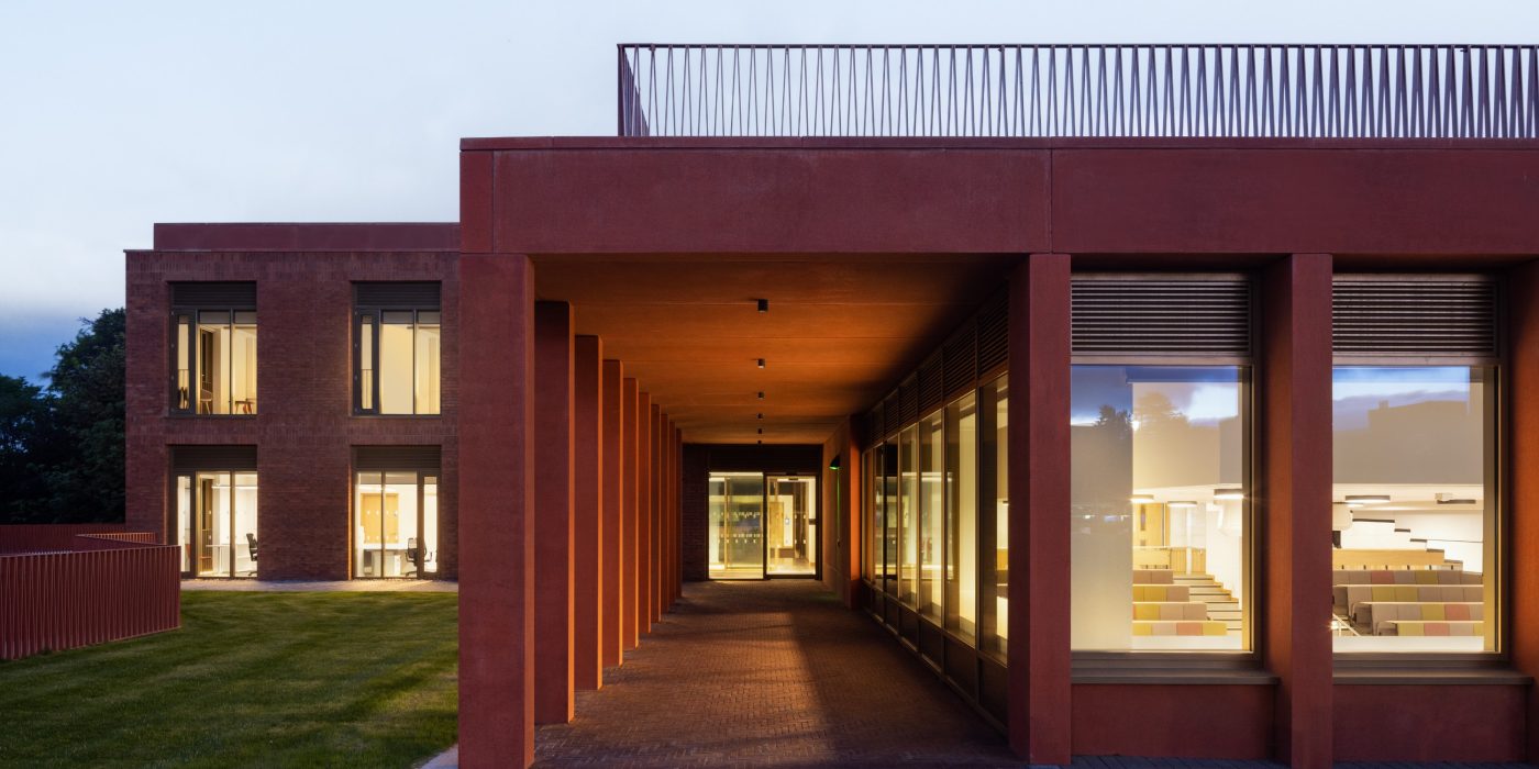Modern univesity building with red facing brick exterior