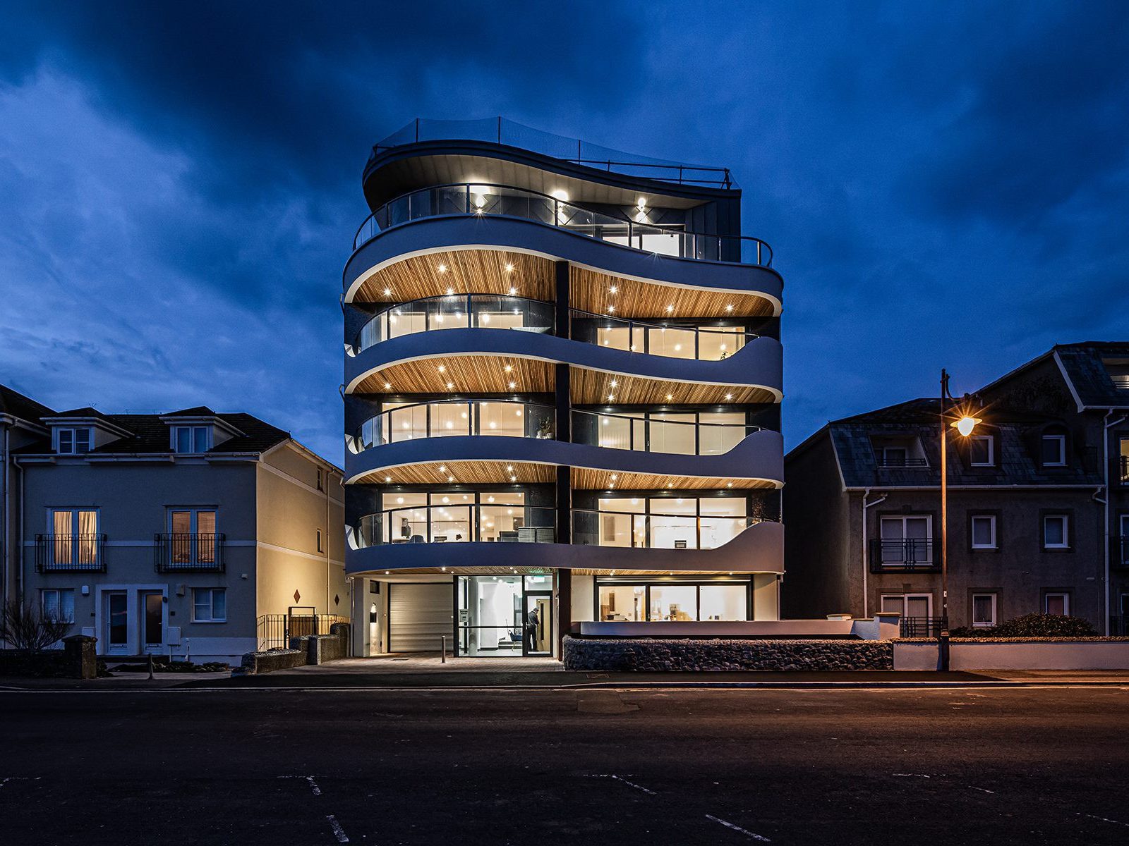 Seaton Beach apartment building at night-time