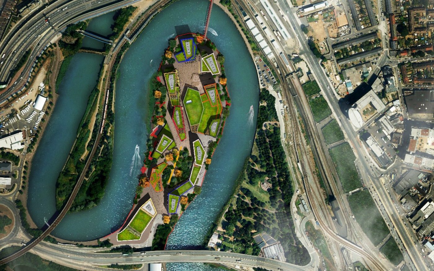 Aerial view of the river Thames and London City Island development