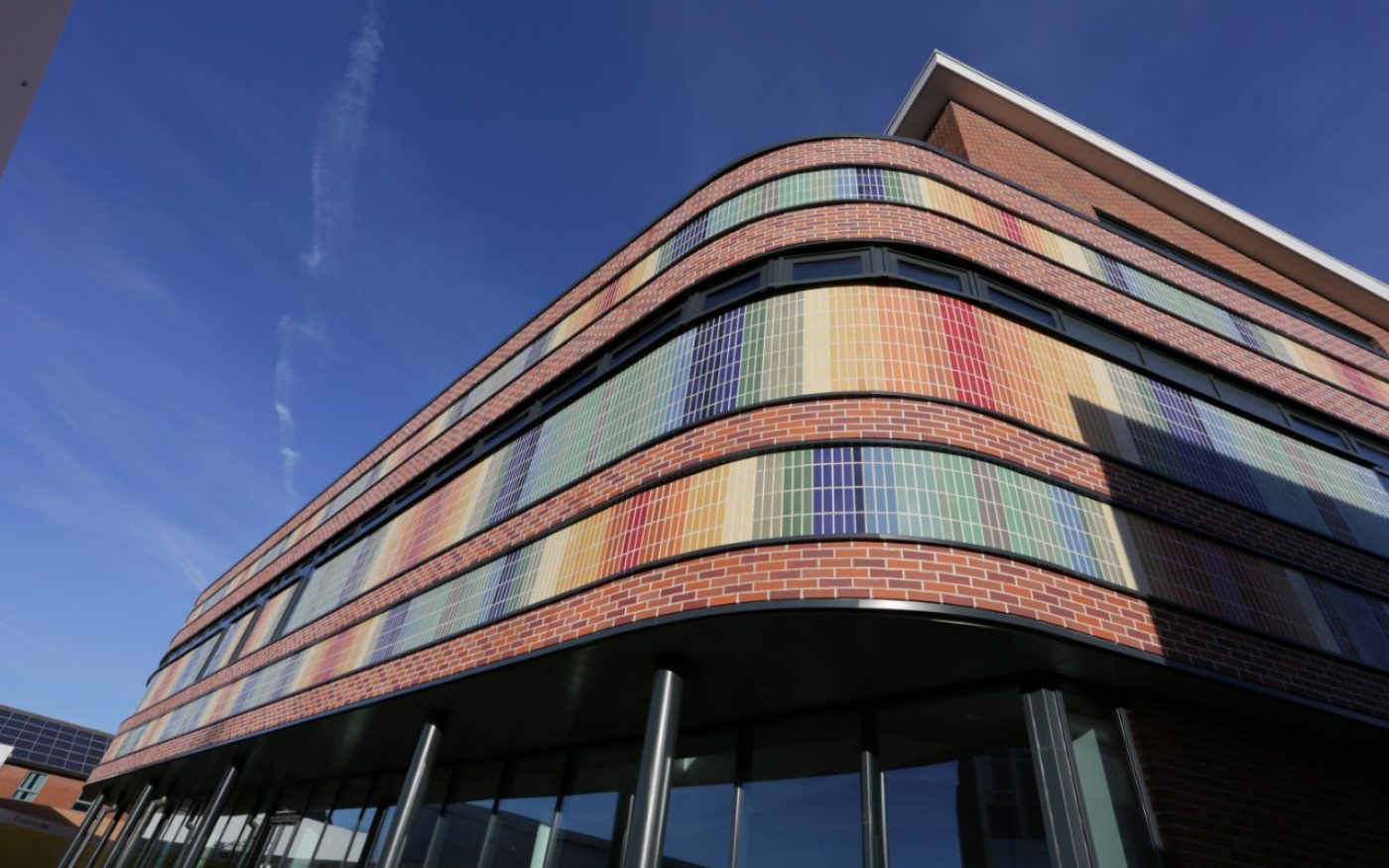 Rainbow pattern facade on modern university building