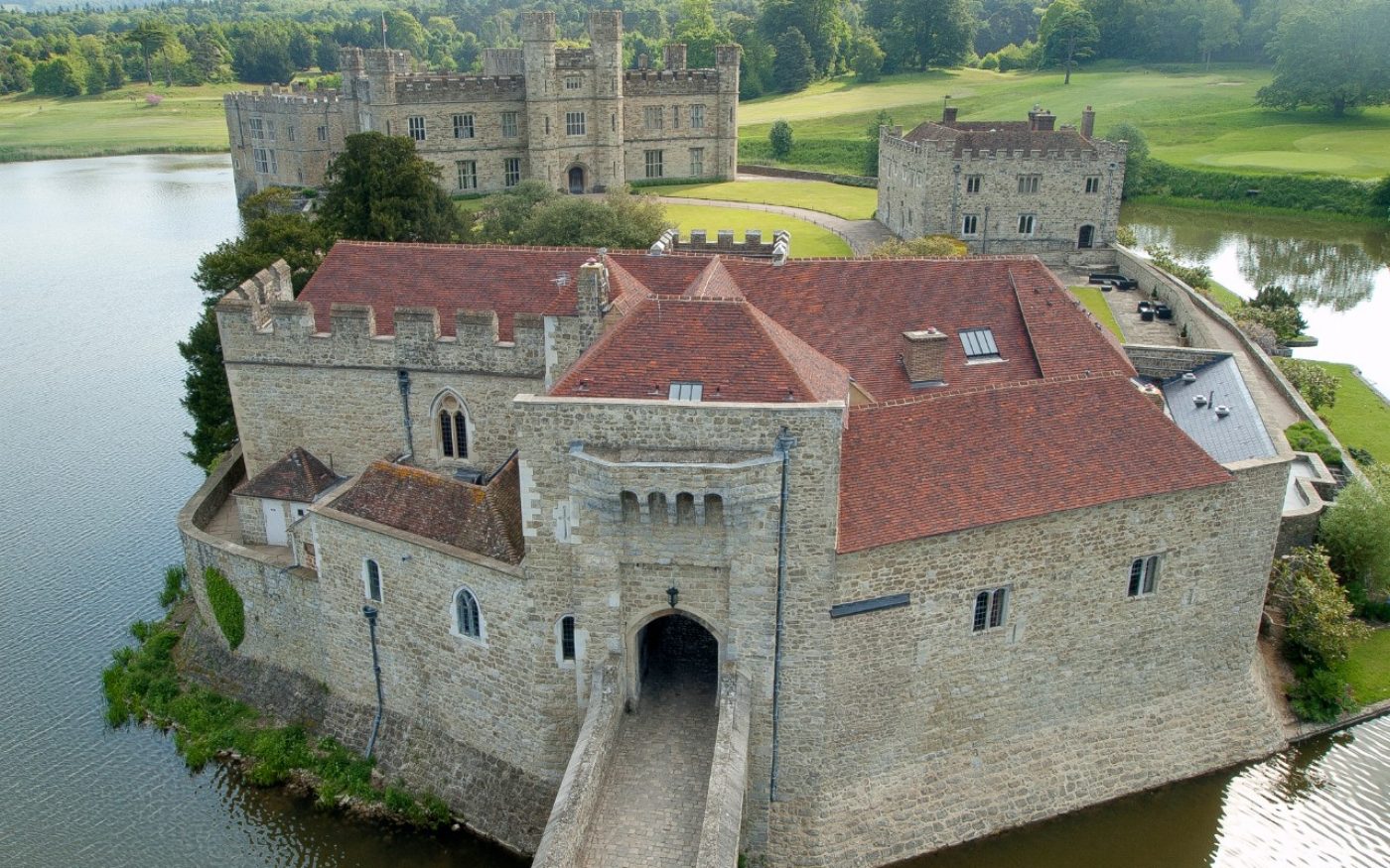 Leeds Castle aerial view with grounds and moat