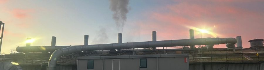 Warnham factory at dusk when the sky is pink