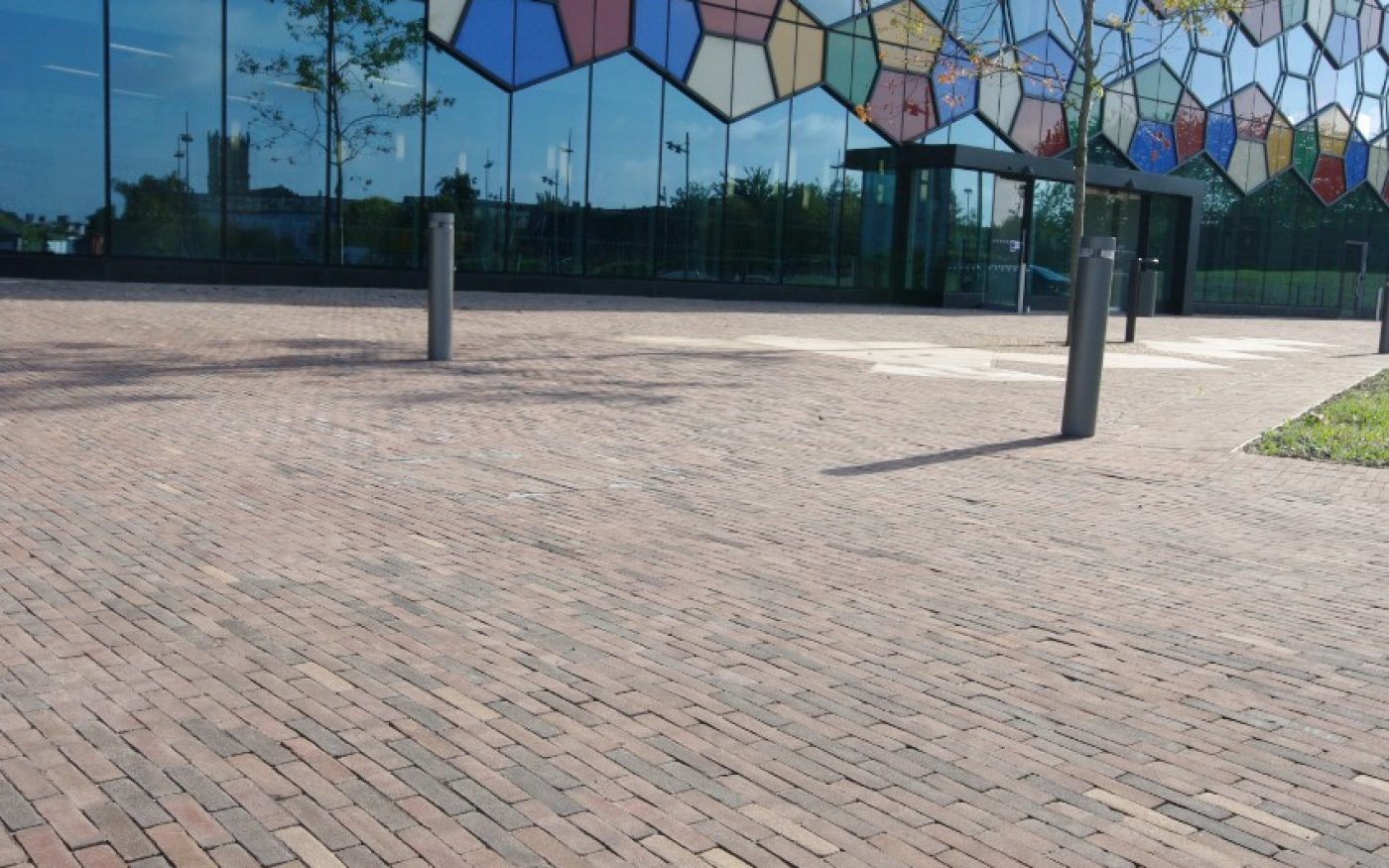 Close-up of paver path in front of building