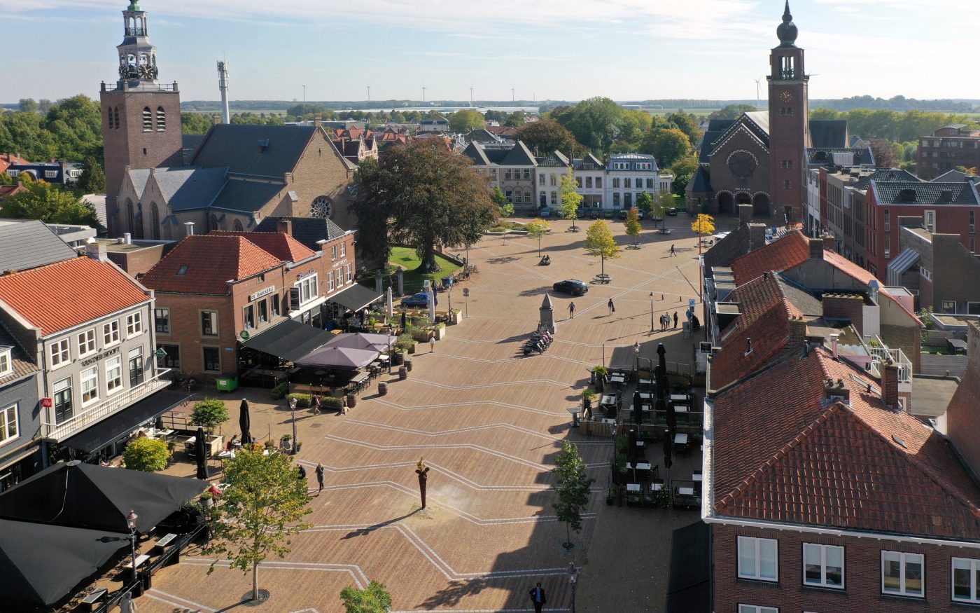 Aerial shot showing clay pavers in perspective of buildings