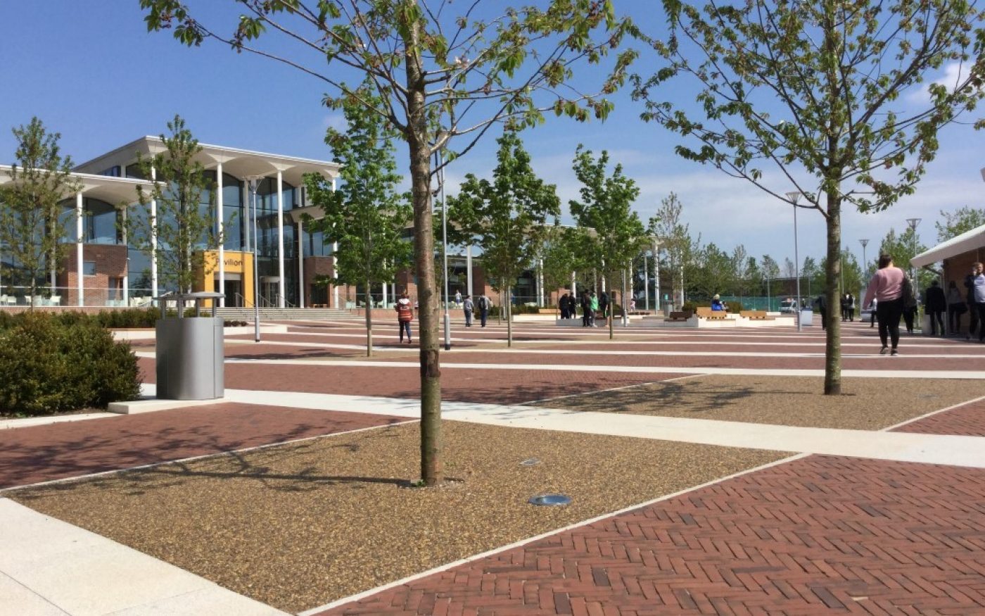 Distant shot of building showing clay pavers