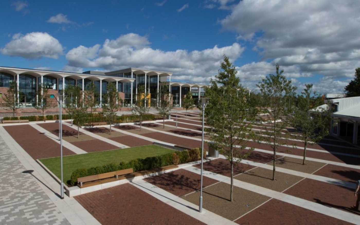 Aerial shot showing clay paver patterns outside building