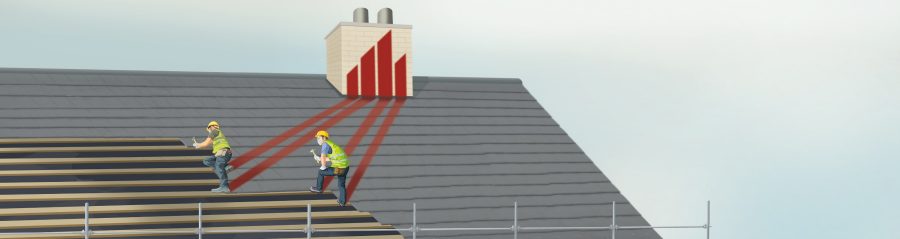 Illustration of roofers laying roof tiles on a house