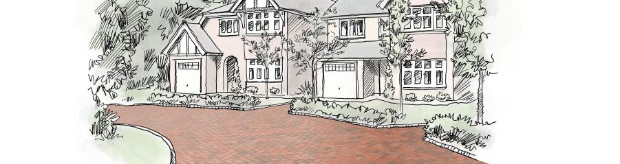 Illustration of house with clay paved driveway
