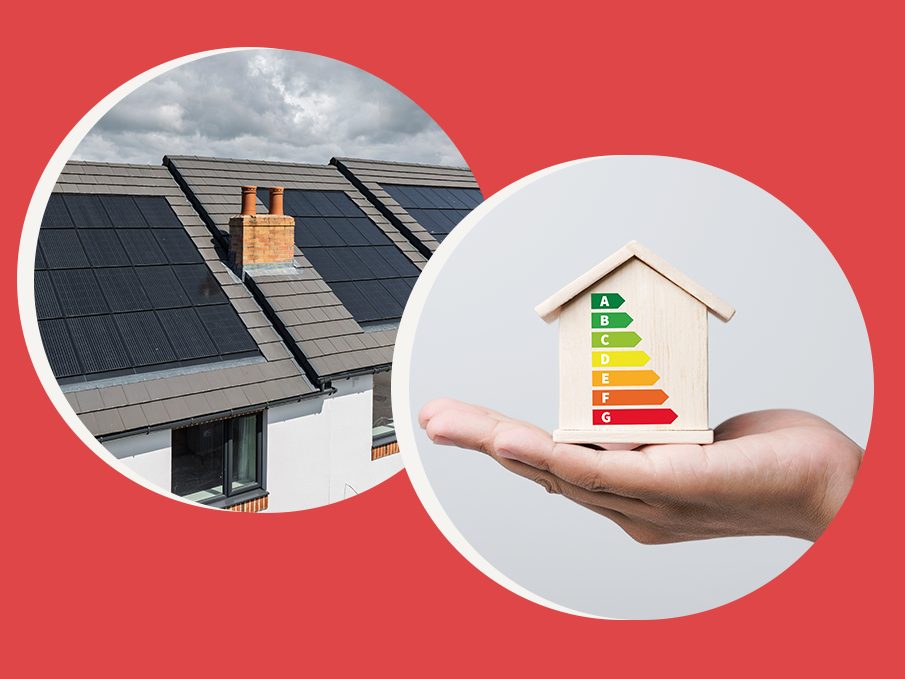 tow circles containg images of a roof with solar panels and a hand holding a small house