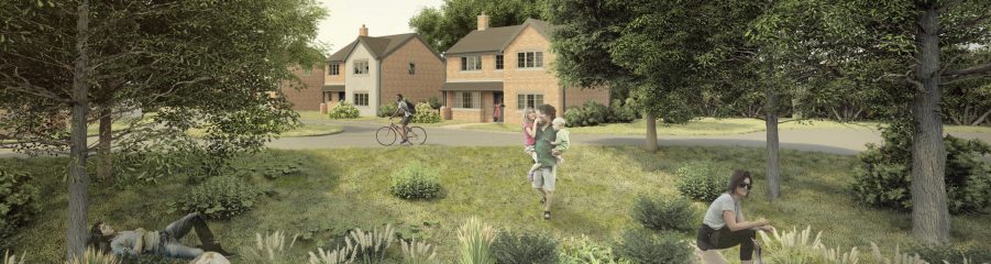 BIM object 3D rendering of modern houses and green area