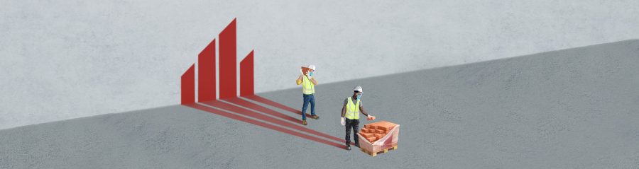 Illustration of bricklayers unloading a pallet of bricks, wearing PPE