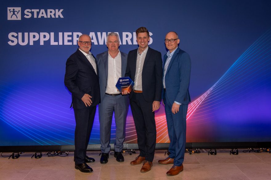 4 men accepting a sustainability award at Jewson Live 2024 Event