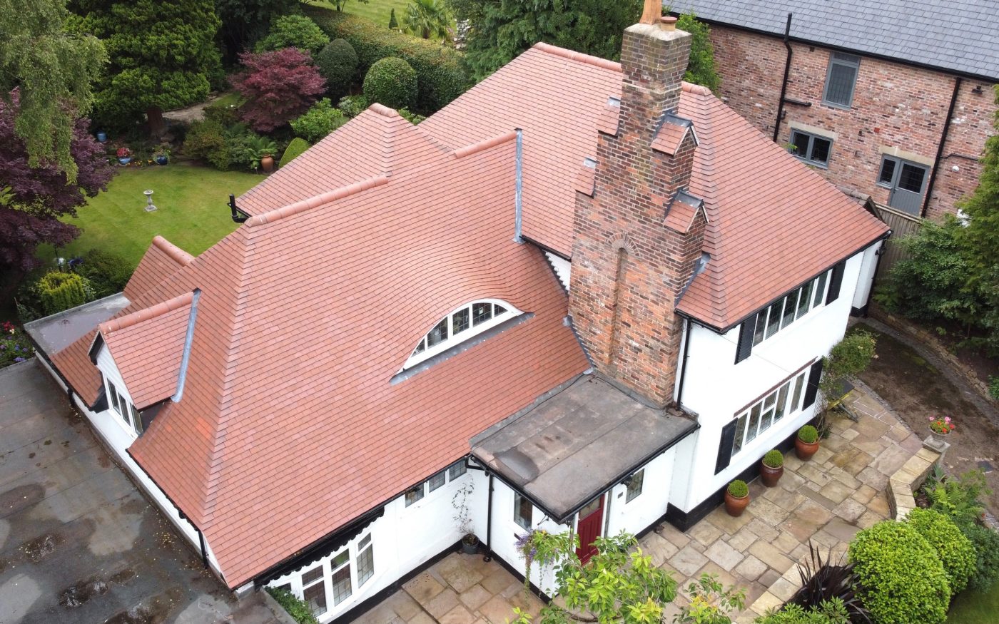 Aerial view of renovated large house