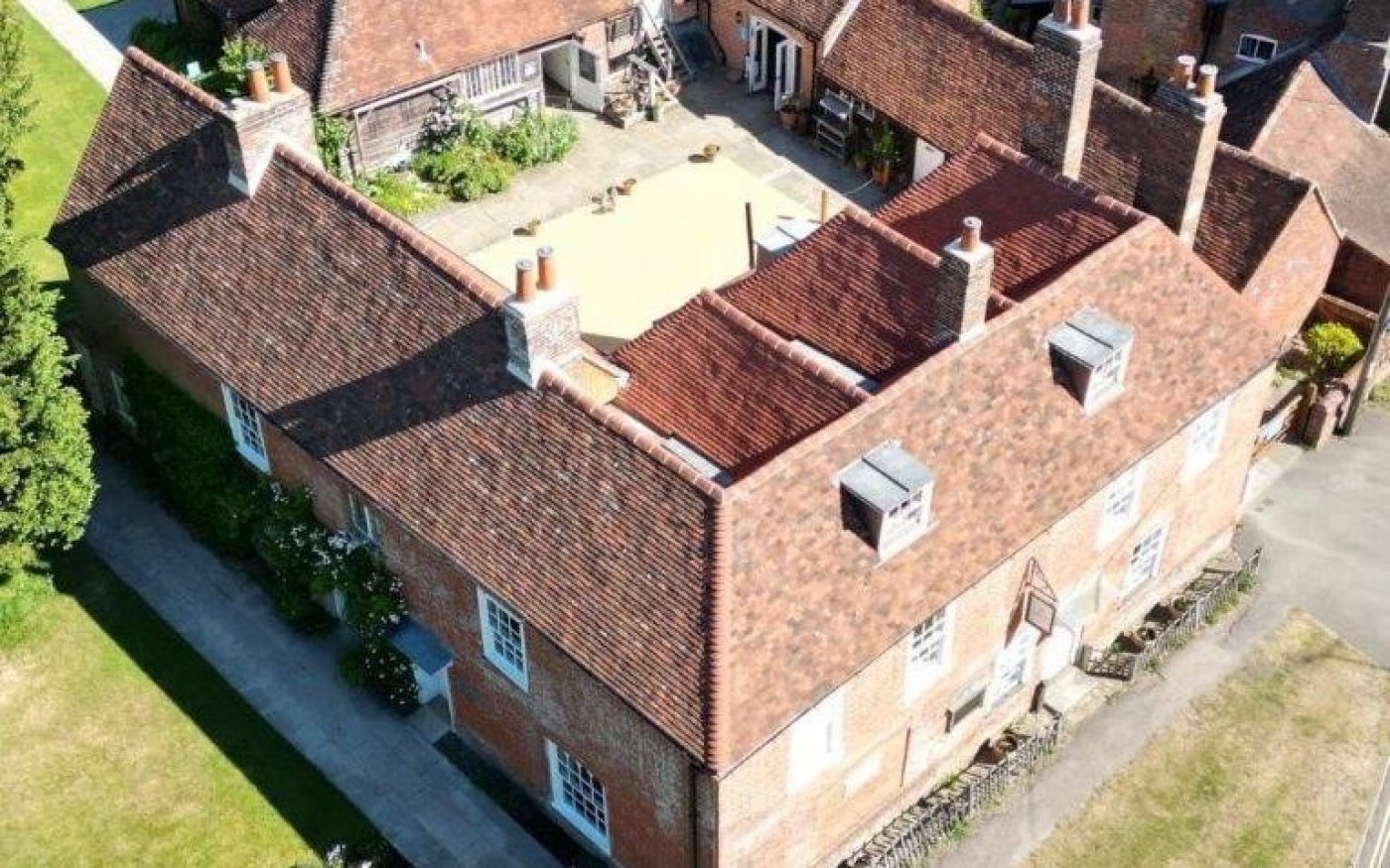 Drone view of Jane Austen's house, re-roofed with Keymer roof tiles