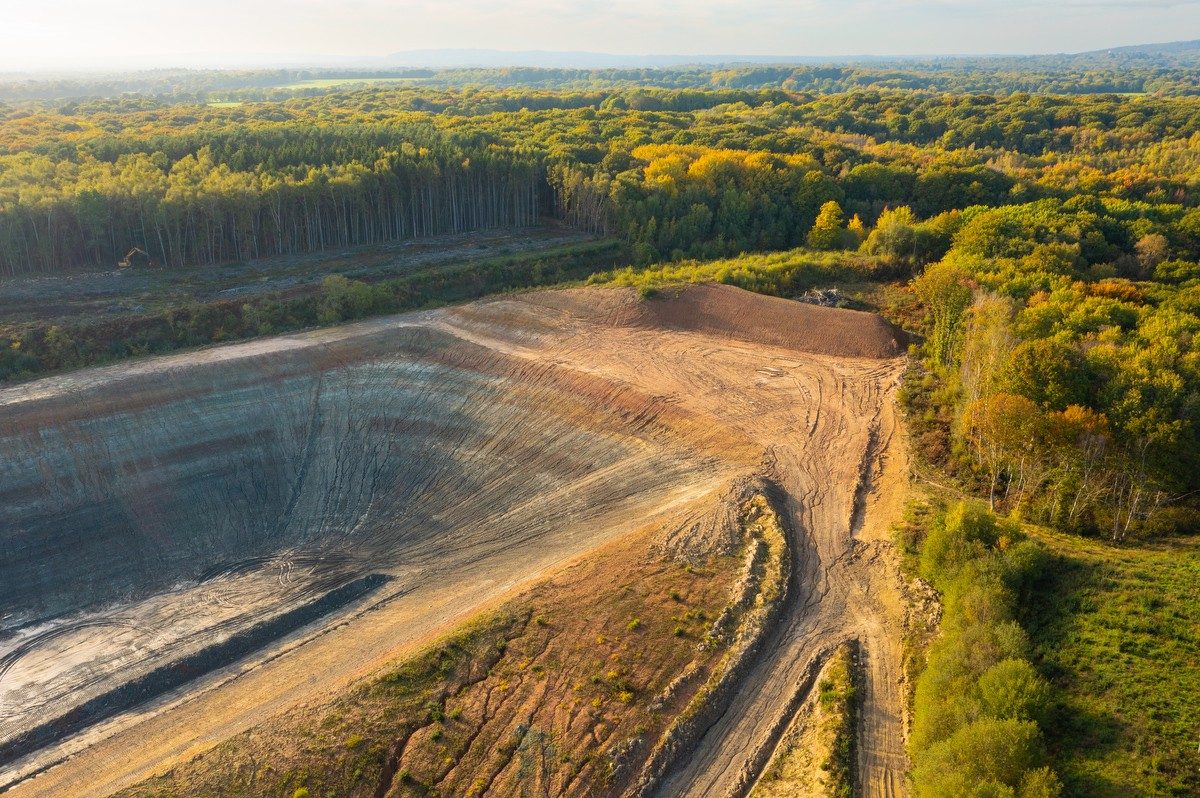 Aerial landscape of quarry and woodlands