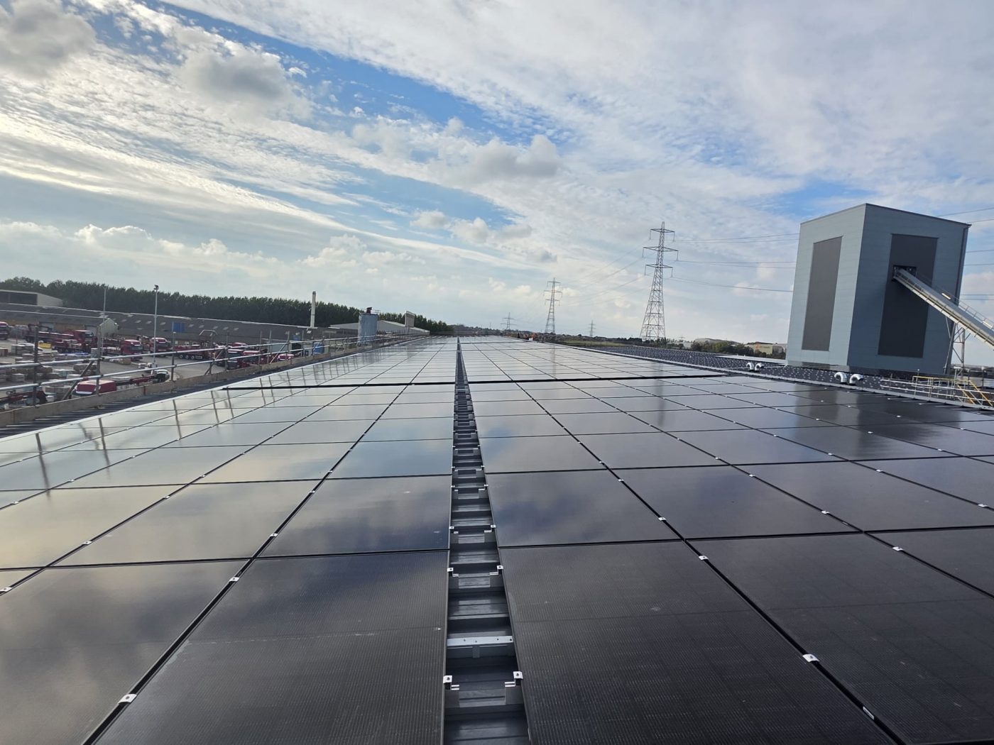 Roof of smeed dean factory with rows of solar panels fitted