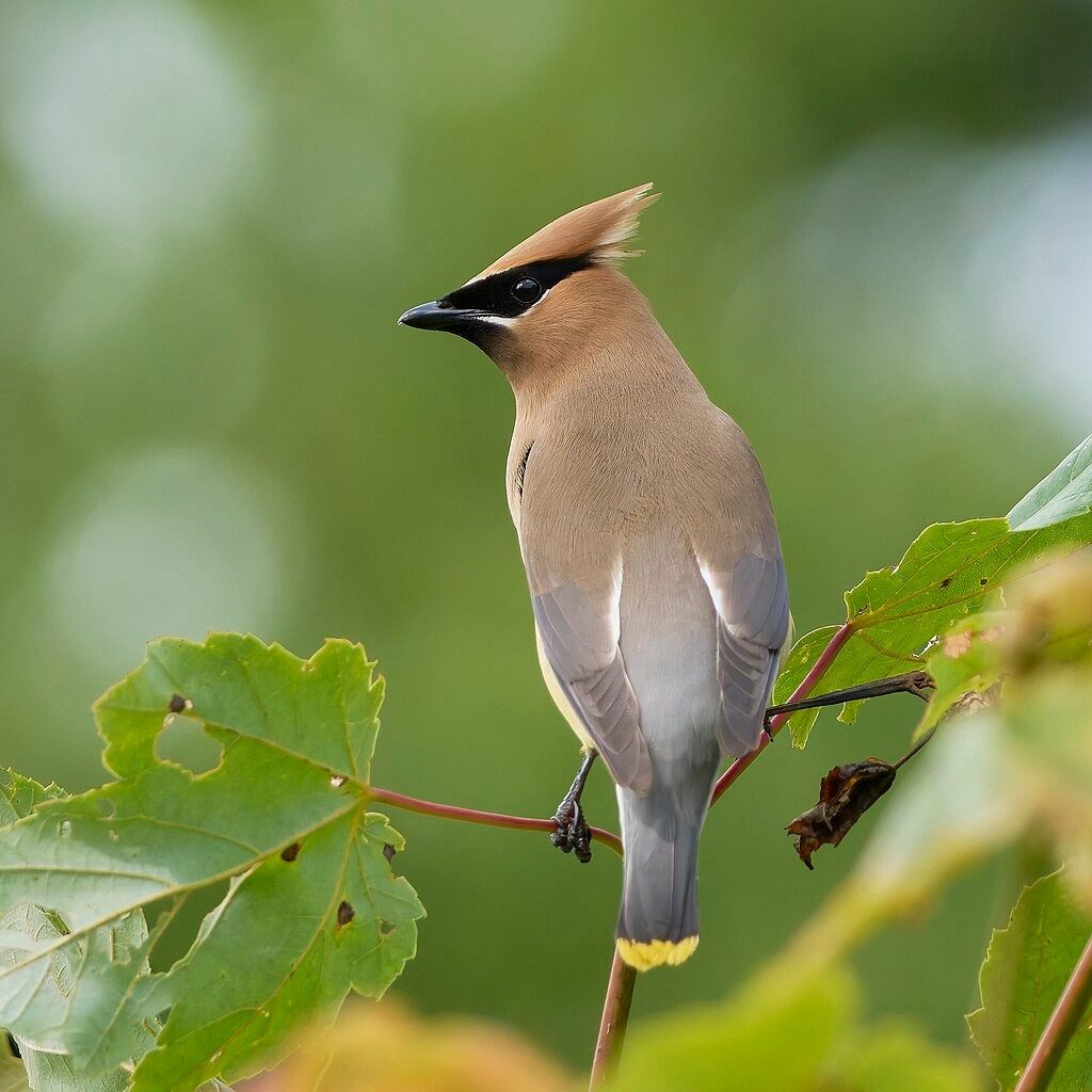 A Waxwing bird perched on a branch looking left