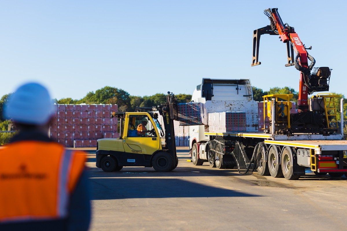Pallets of bricks stacked ready to be transported