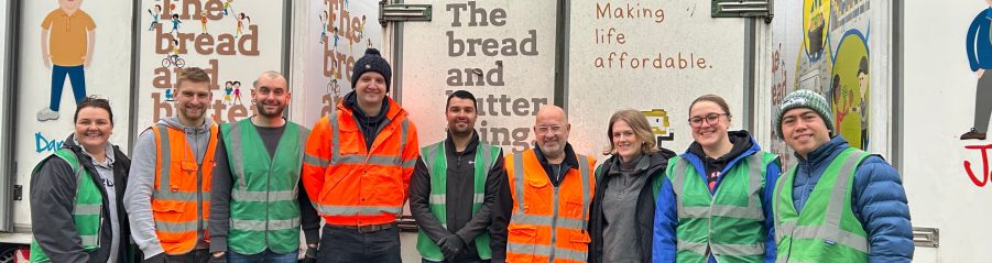 Employees volunteering at Bread and Butter Thing food bank hub