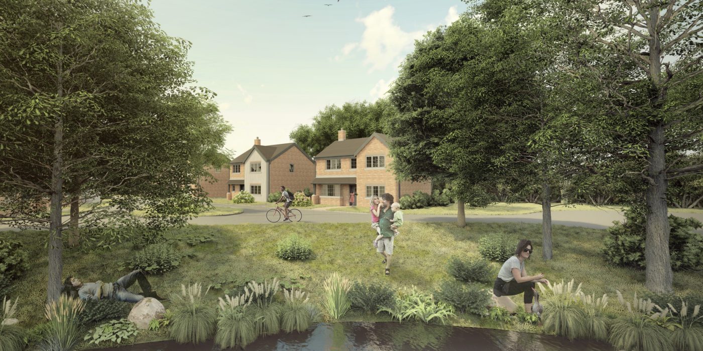 Render of lake and grassy area outside modern residential development