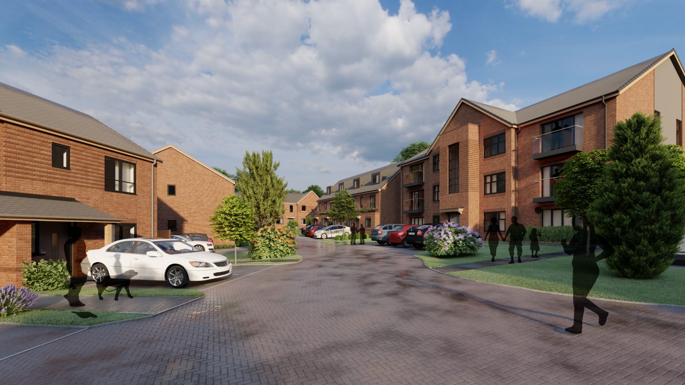 A rendered drawing of Archigility Brookwood housing concept.