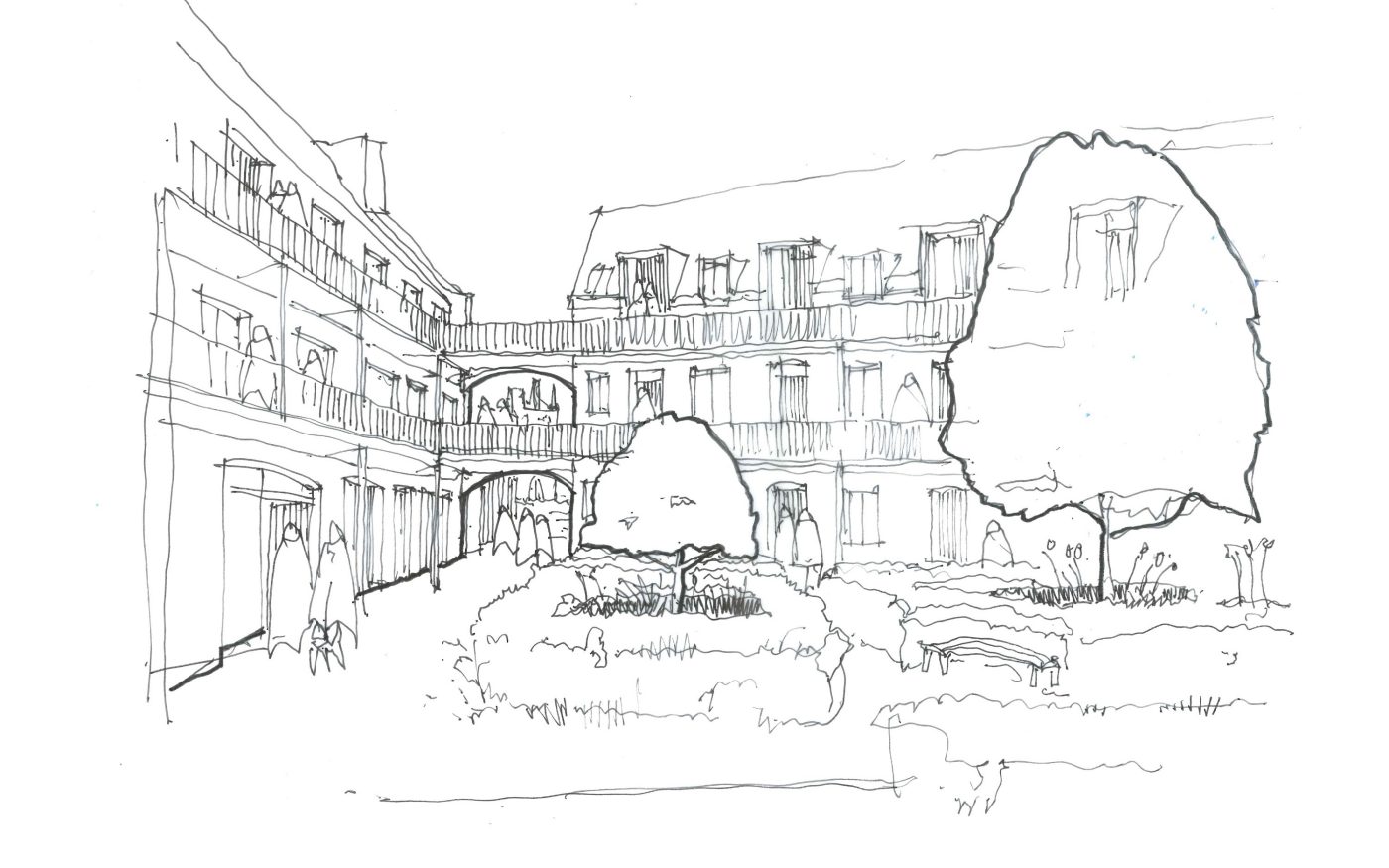 Line drawing of a multi-storey building with balconies and courtyard
