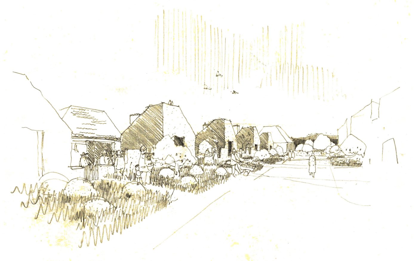 Drawing of a row of properties with gardens and people around