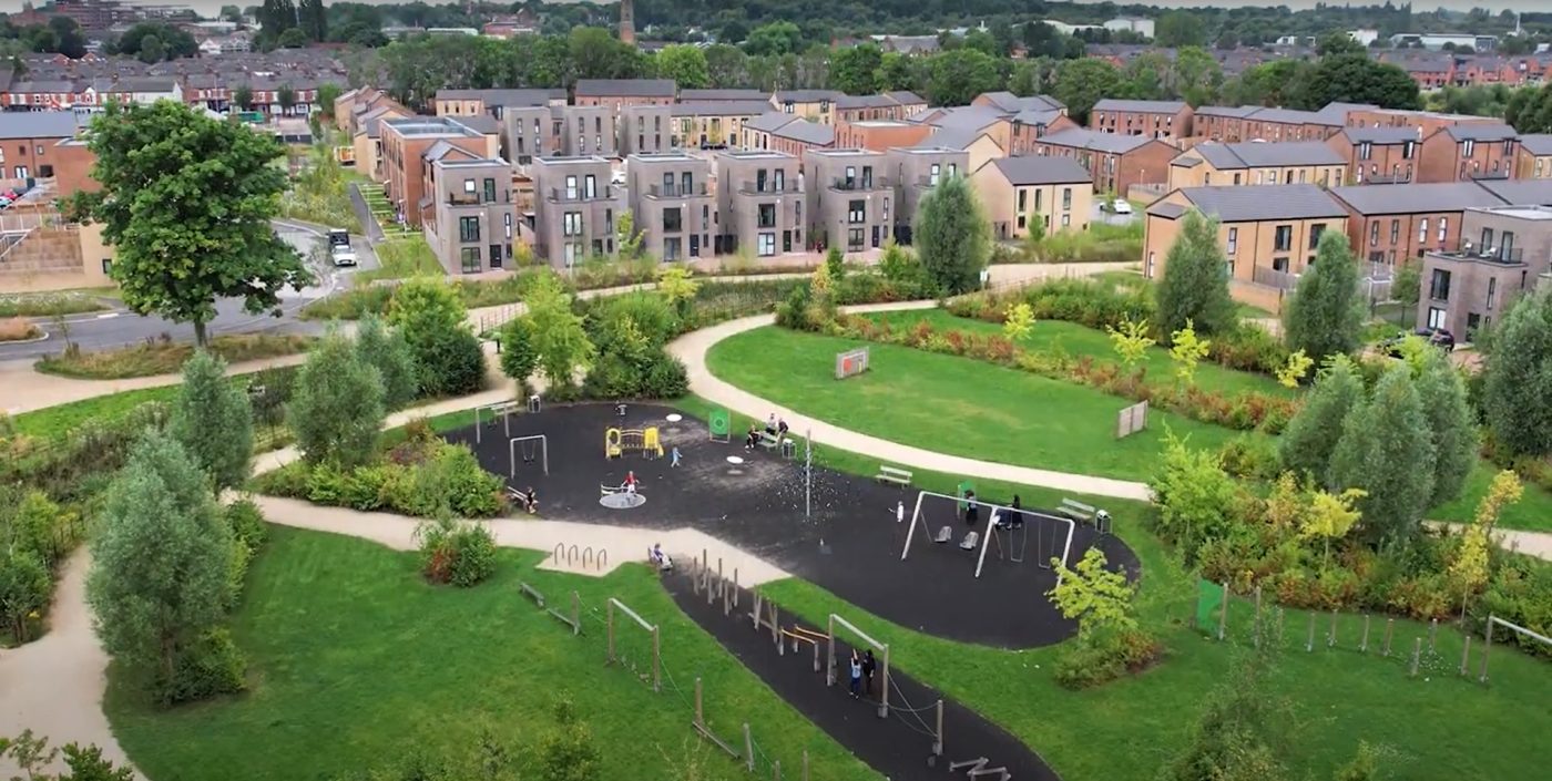 Birds eye view of Castle Irwell Development in Salford