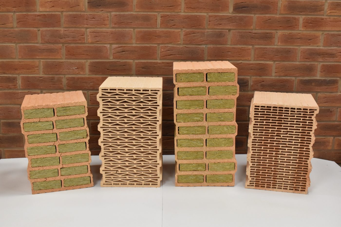Porotherm block range on display with brick background