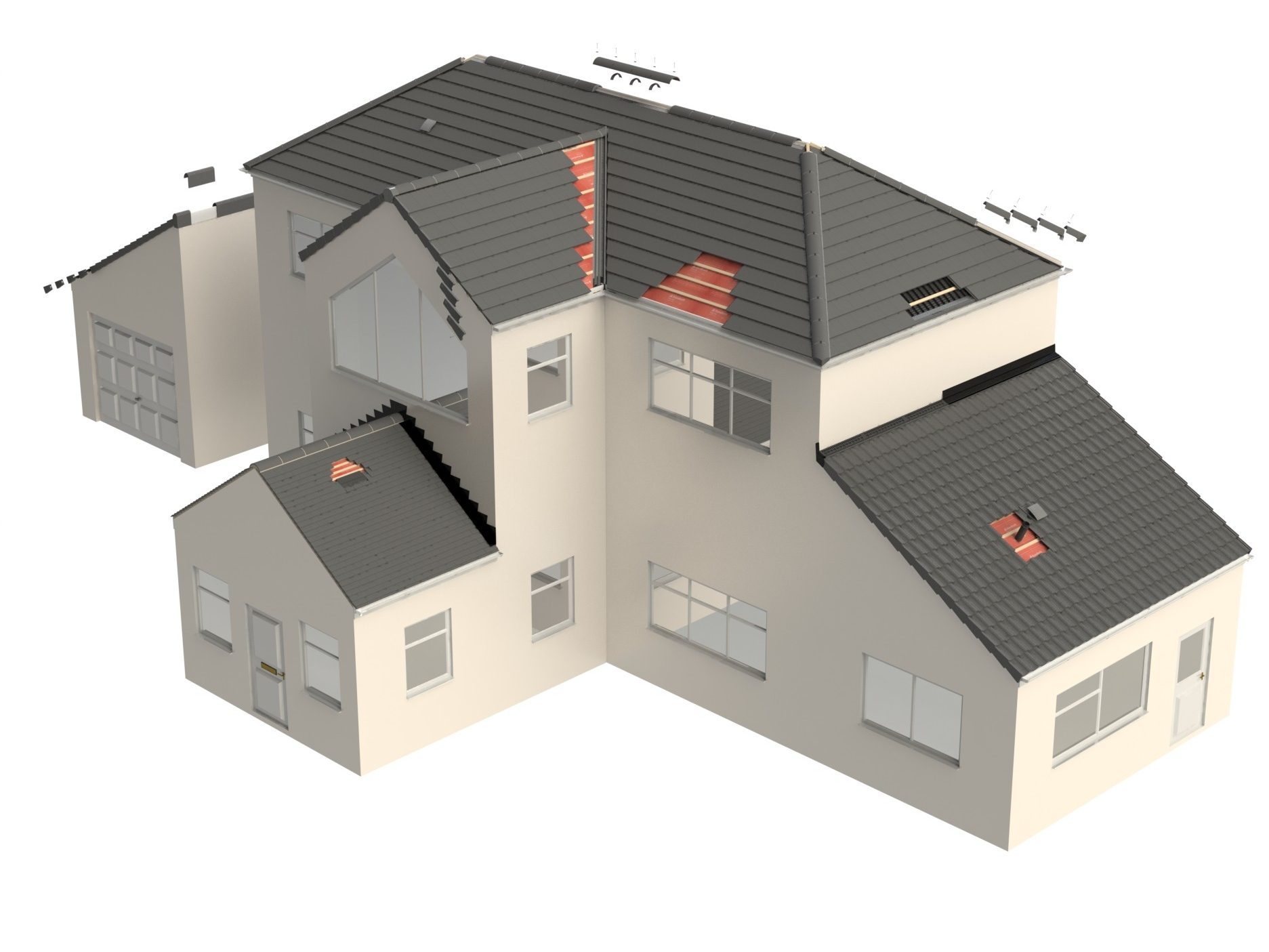 Diagram of roof systems and accessories on detached house