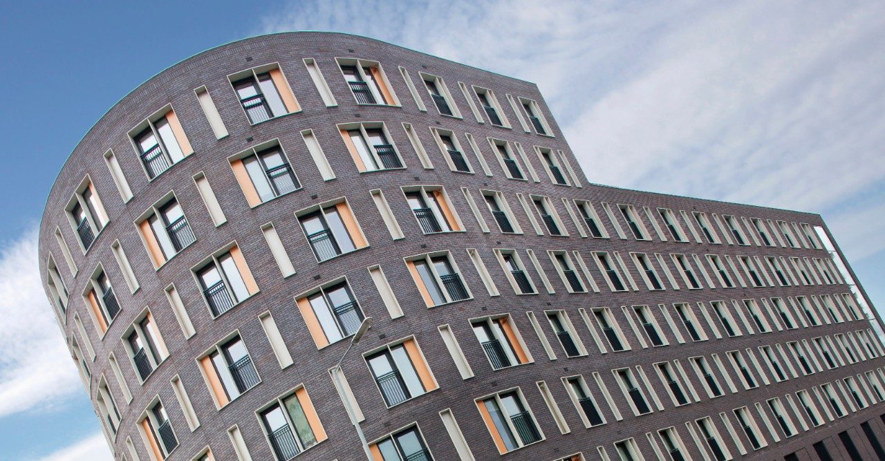 Blue facing brick on modern building