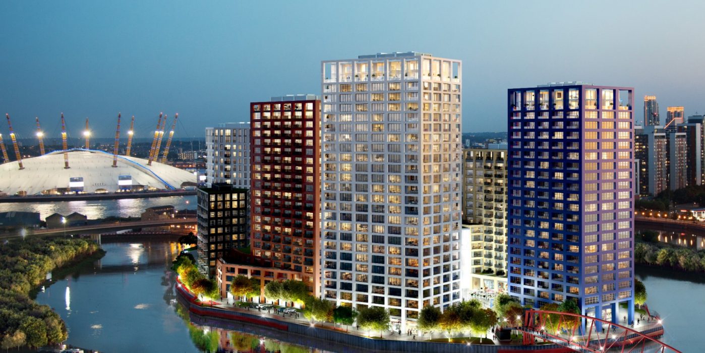 London City Island skyline with glazed brick skyscrapers