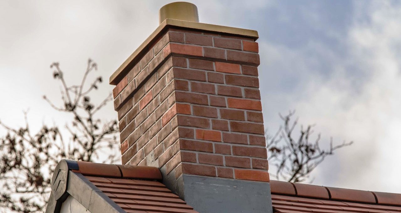 GRP prefabricated chimney on red tiled roof