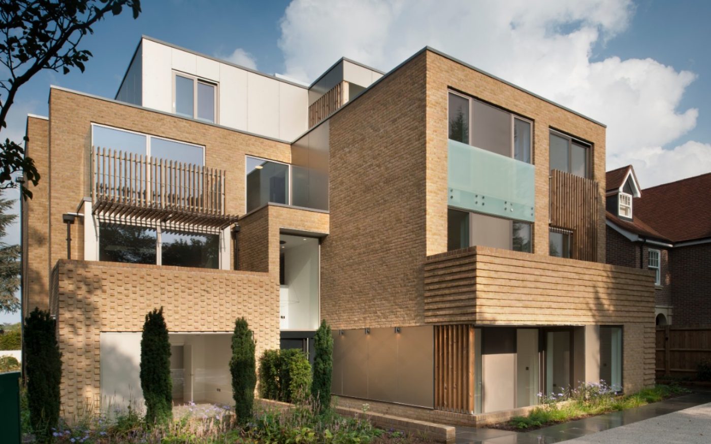 Exterior of modern yellow brick building