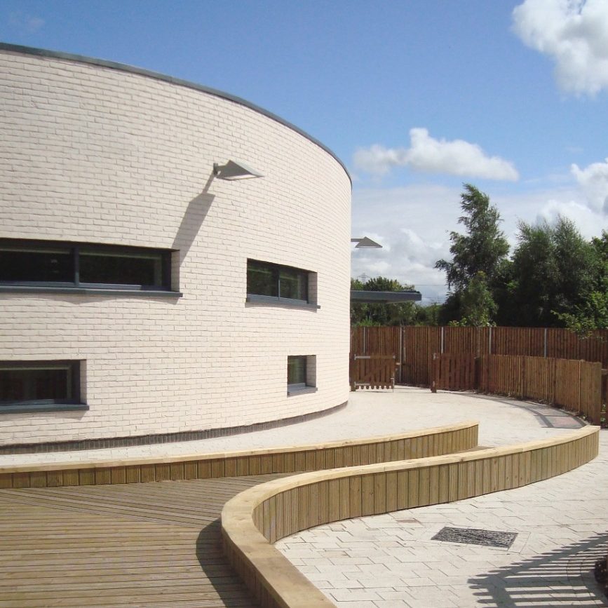 Modern school with white brick facade