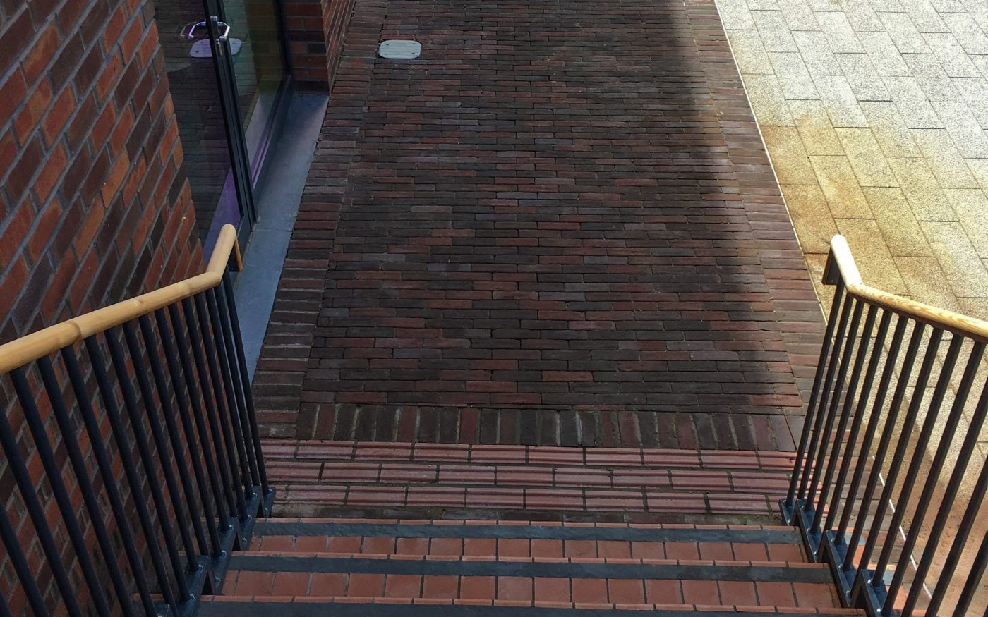 Looking down steps with step markers on to highlight each step