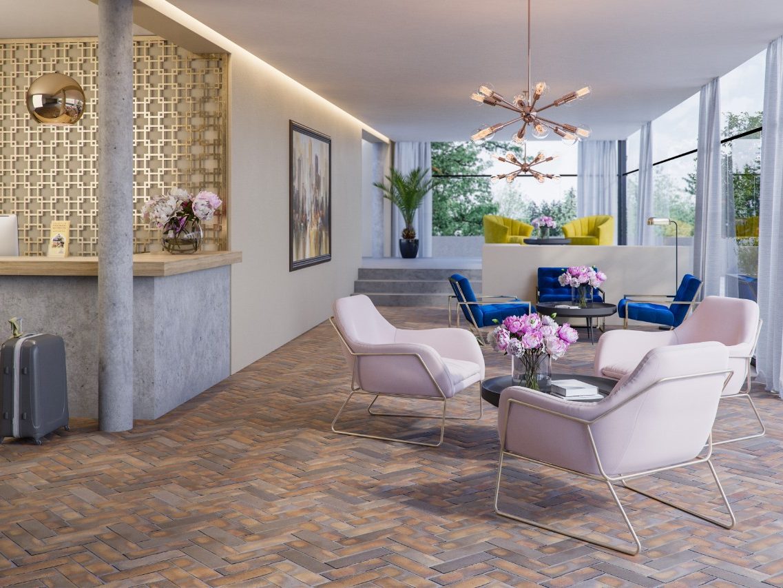 Clay paved floor in contemporary hotel lobby