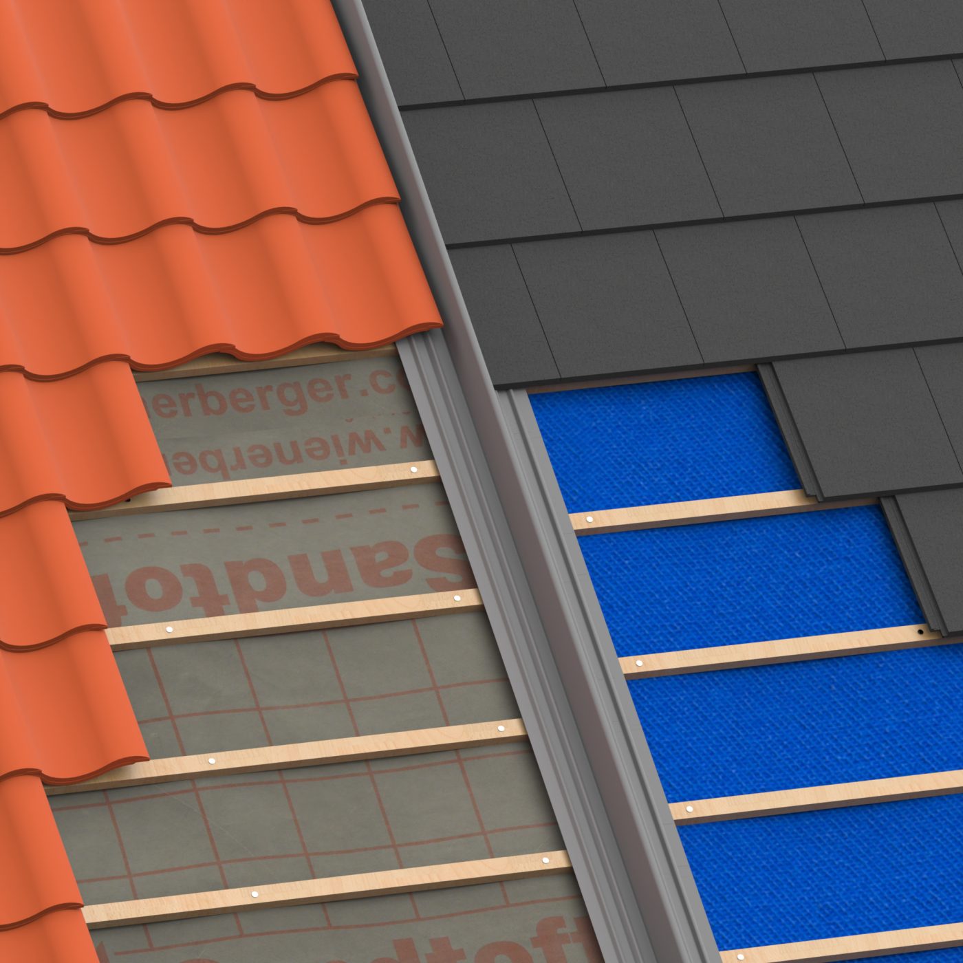Cross-section of bonding gutter between two types of roof tile