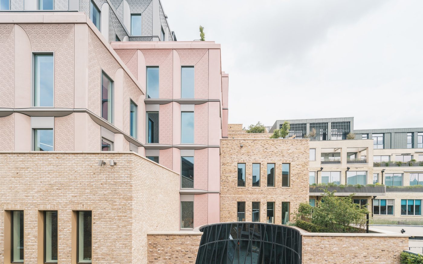 Pastel front facade of contemporary building in London