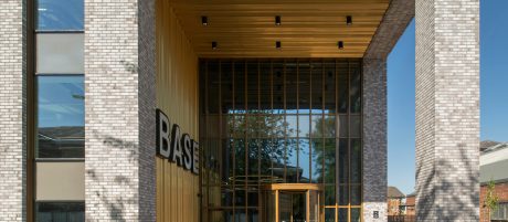 View of the new modern Base entrance against blue sky