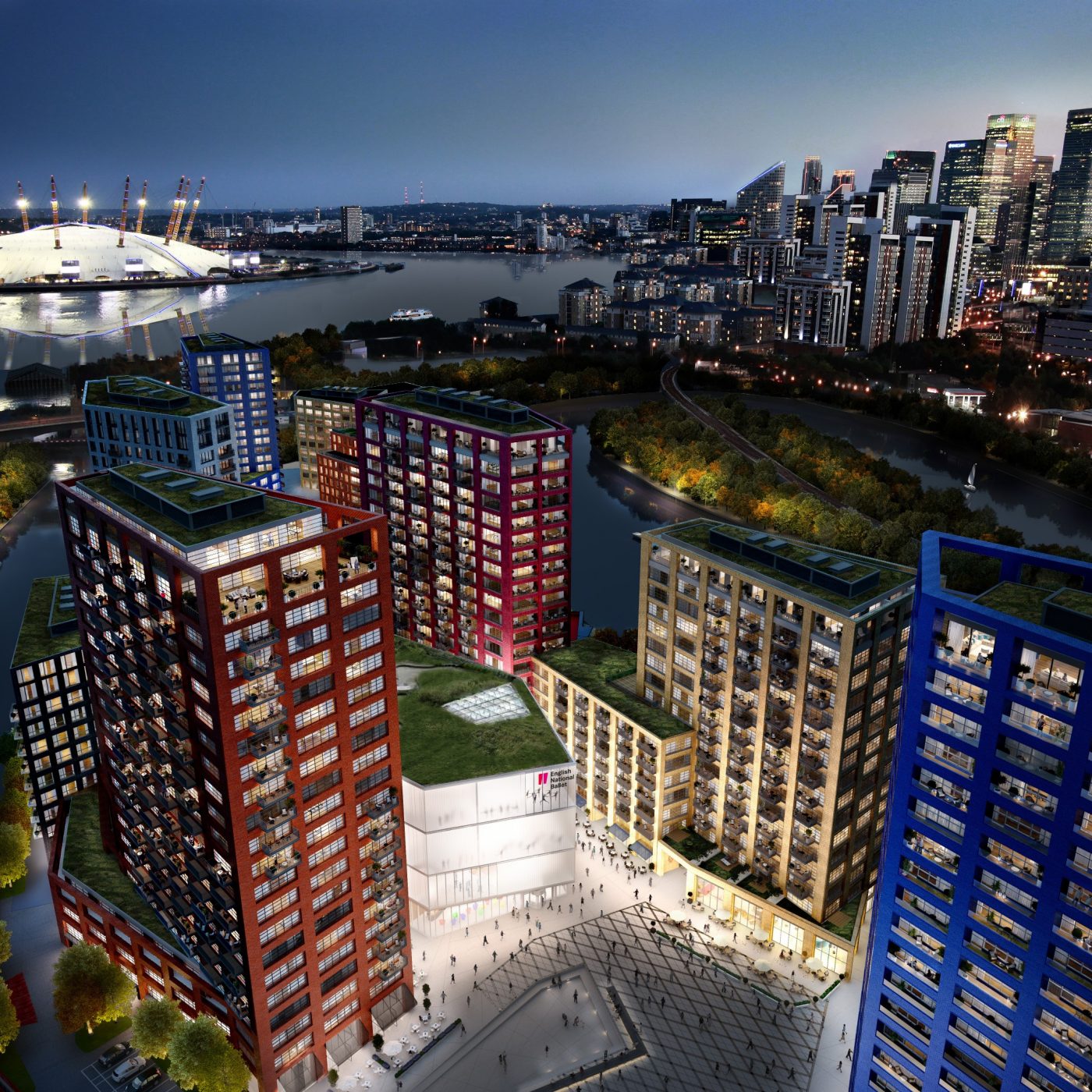 Modern residential buildings in London city skyline at night