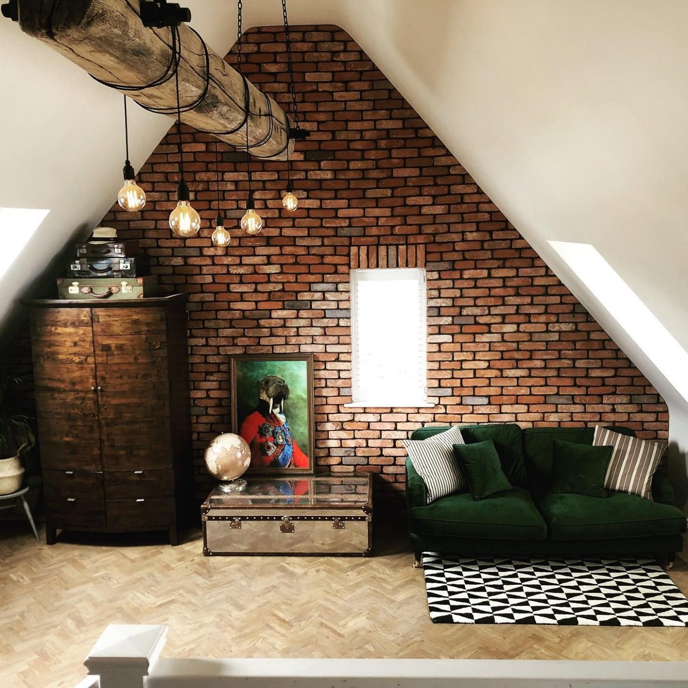 Bedroom interior with brick slip feature wall