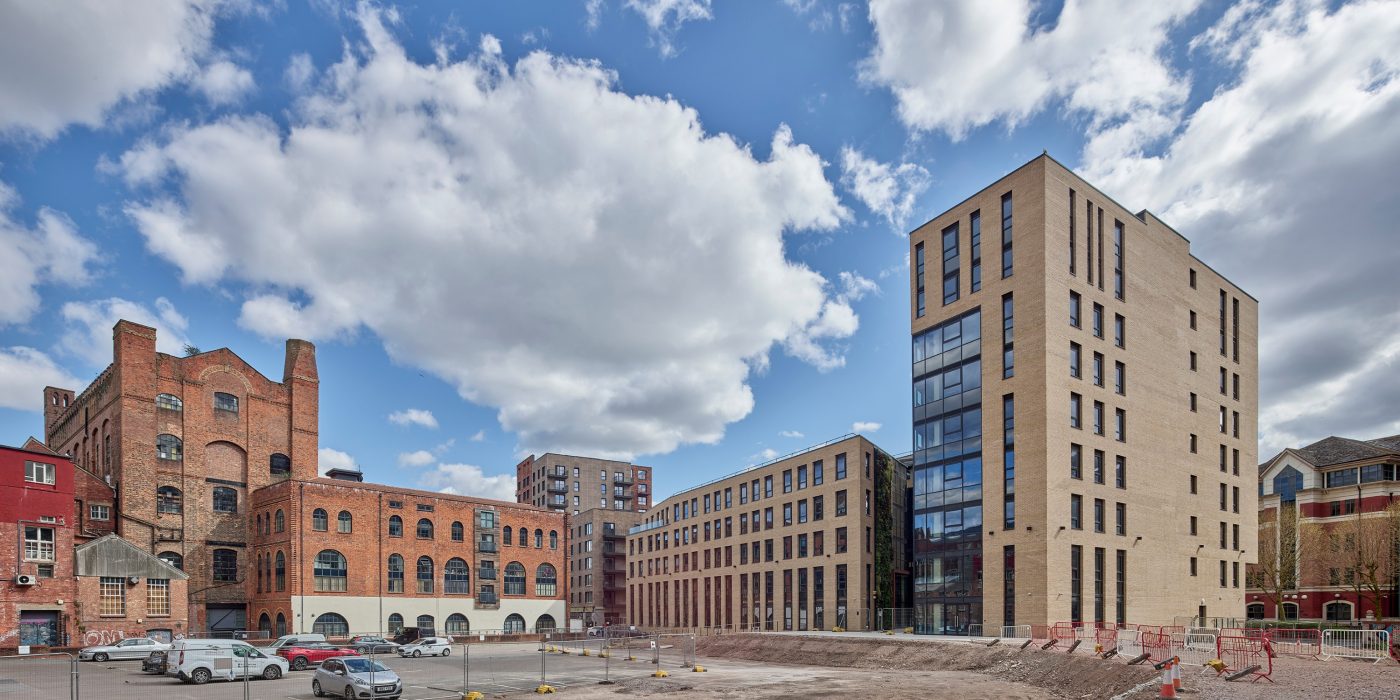 View of Bristol urban landscape with historic building and modern office building